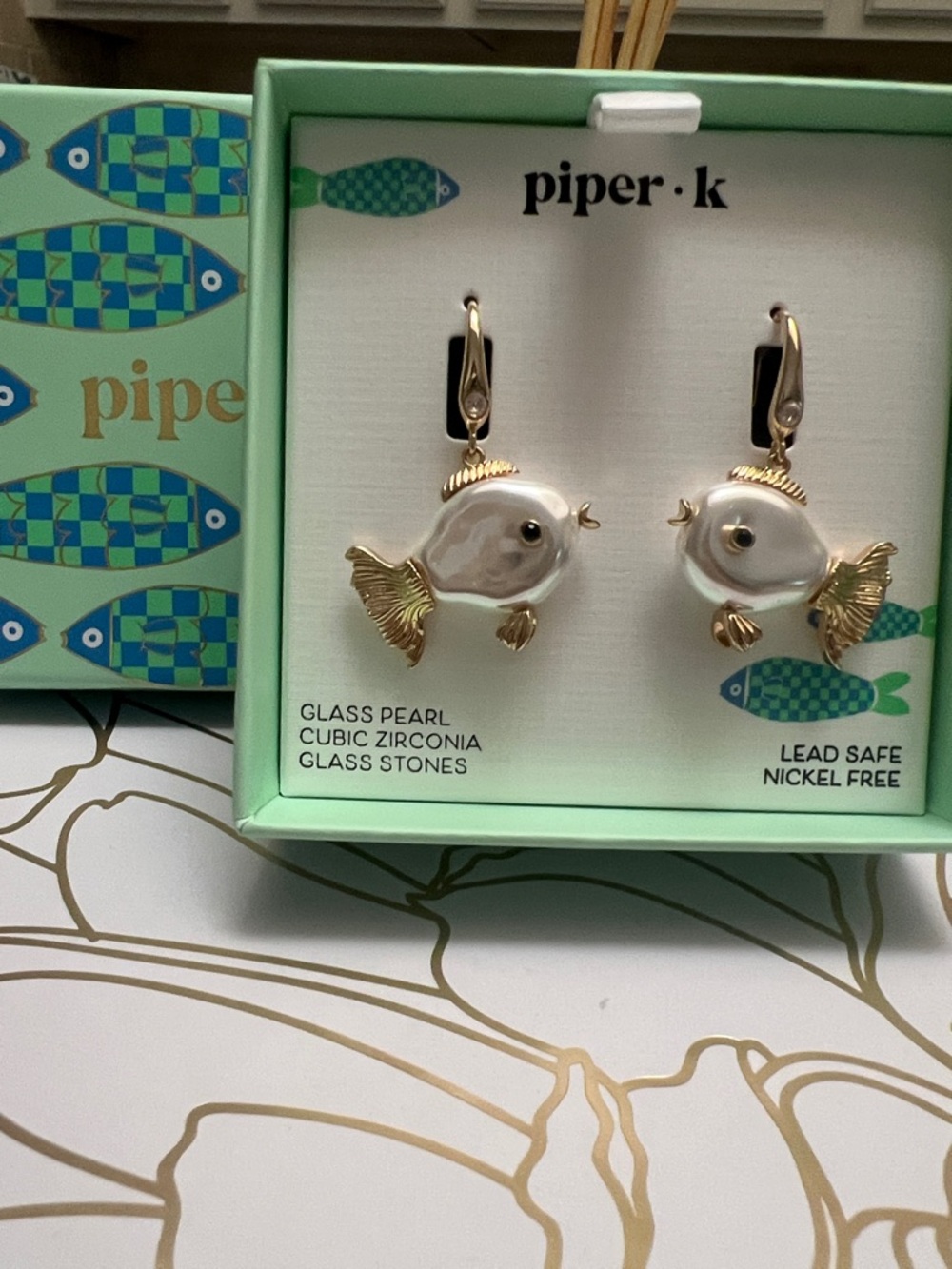Piper K Glass Pearl Fish Drop Earrings Gold Tone Cubic Zirconia Nautical NIB